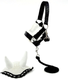 Bonnet Anti-Insectes Blanc et Licol moumoute Noir avec Longe pour Hobby Horse